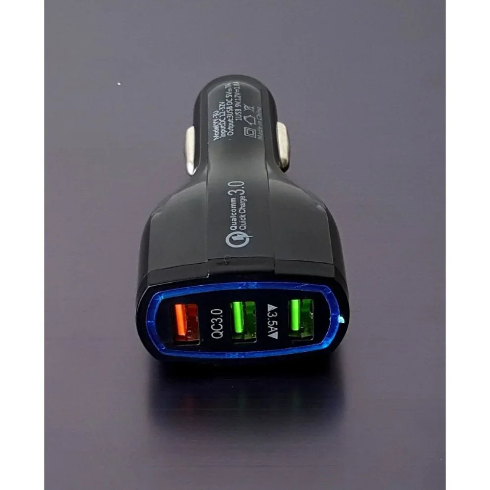 3 Port Car Phone Charger with LED Lighted Port, charges 3 devices simultaneously
